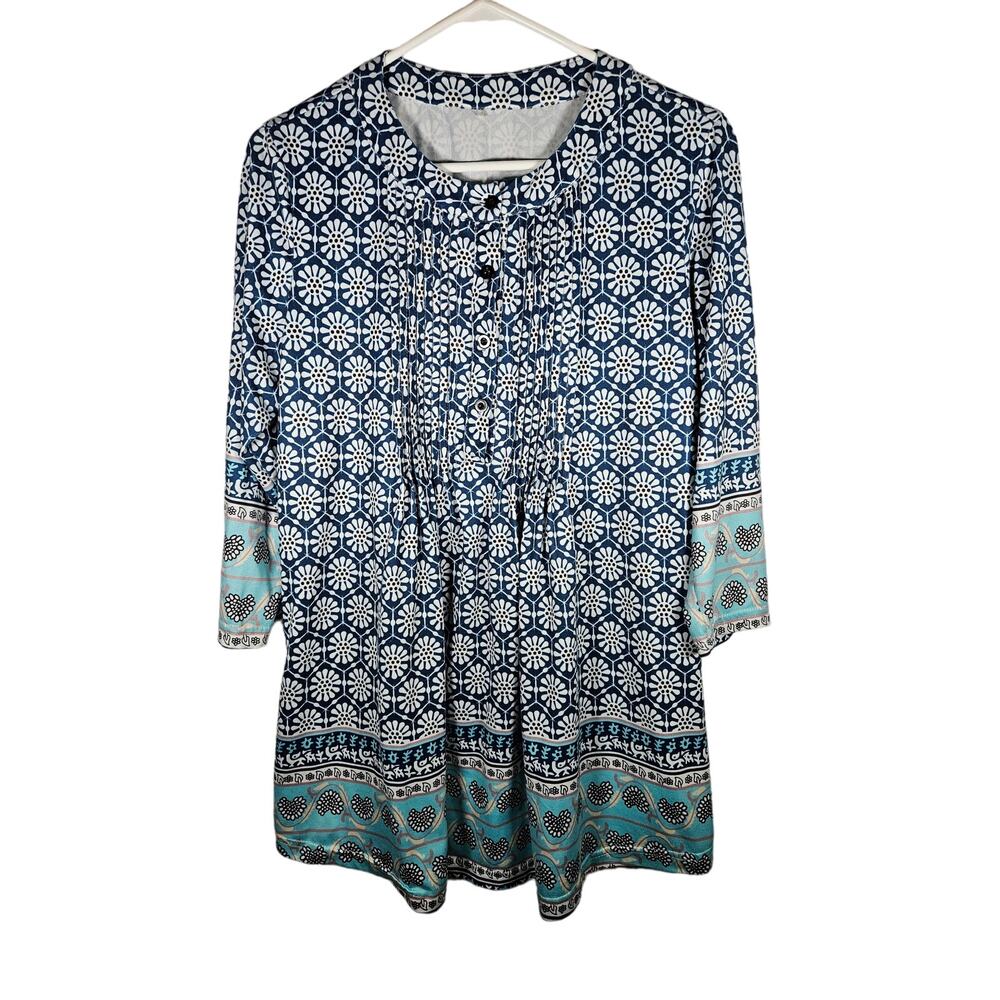 Show Lai Womens 3/4 Sleeve Tunic Blues Hobo Floral Size Large‎